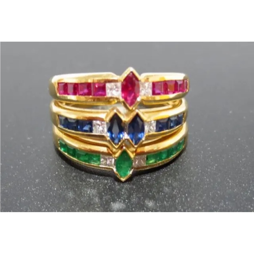 18K GOLD DIAMOND CLUSTER RING EMERALDS, BLUE SAPPHIRES RUBIES MULTI-GEMSTONE - Picture 4 of 10